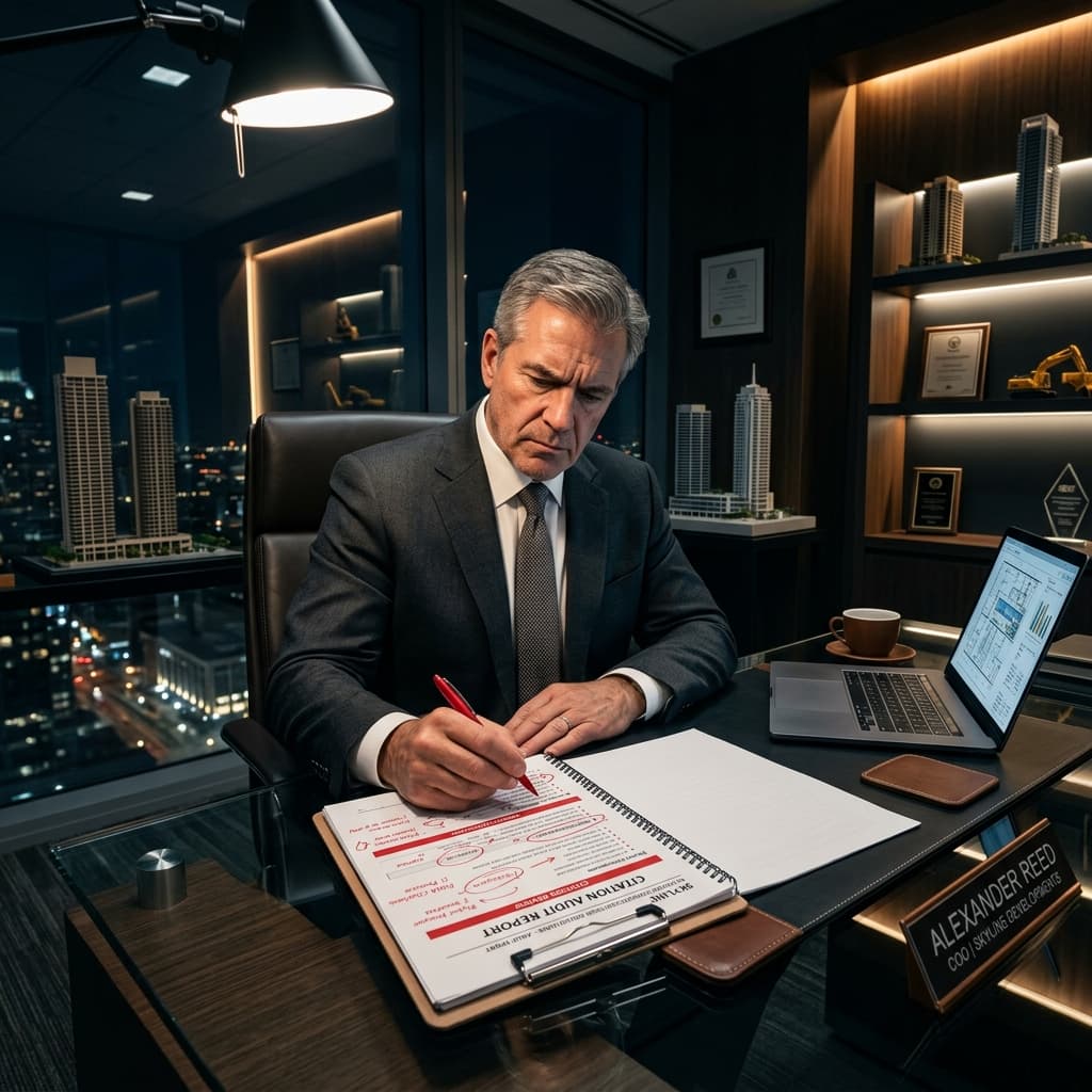 The Executive Audit Review Elite commercial construction executive in a dark tailored suit reviewing a citation audit report with red inconsistency marks