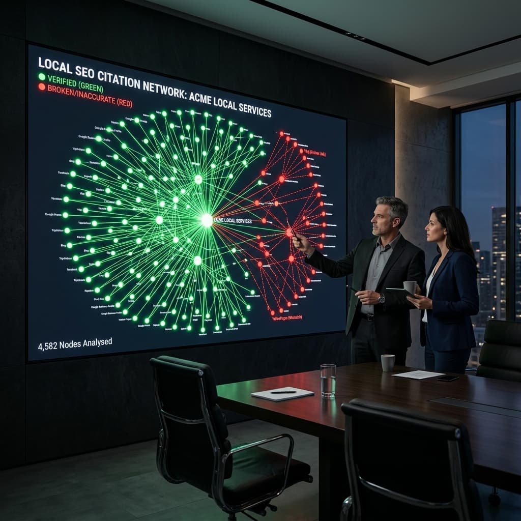 The Citation Network War Room Dark executive boardroom with a wall screen showing a local SEO citation network graph with verified nodes in green and broken nodes in red
