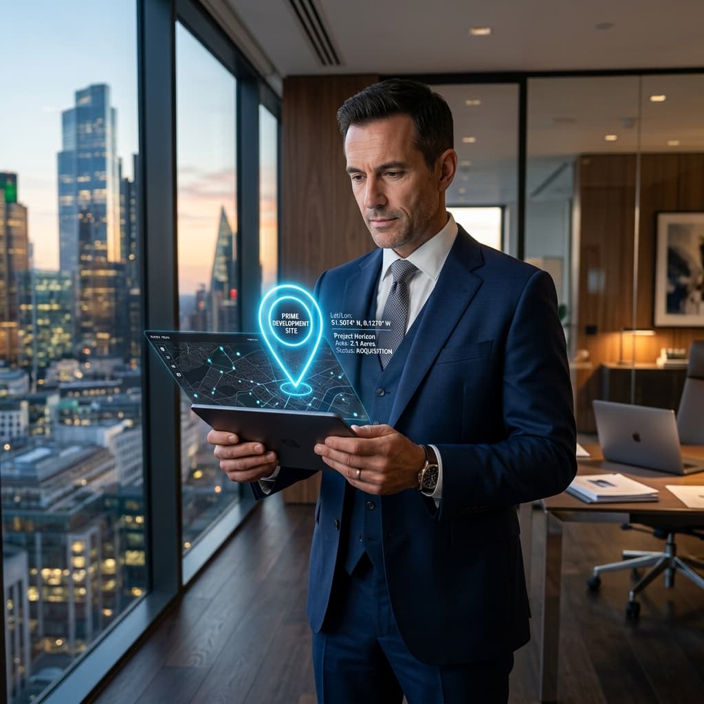 The Executive User Experience An elite commercial real estate developer looking at a sleek tablet displaying a massive glowing GPS pin on a minimal map interface