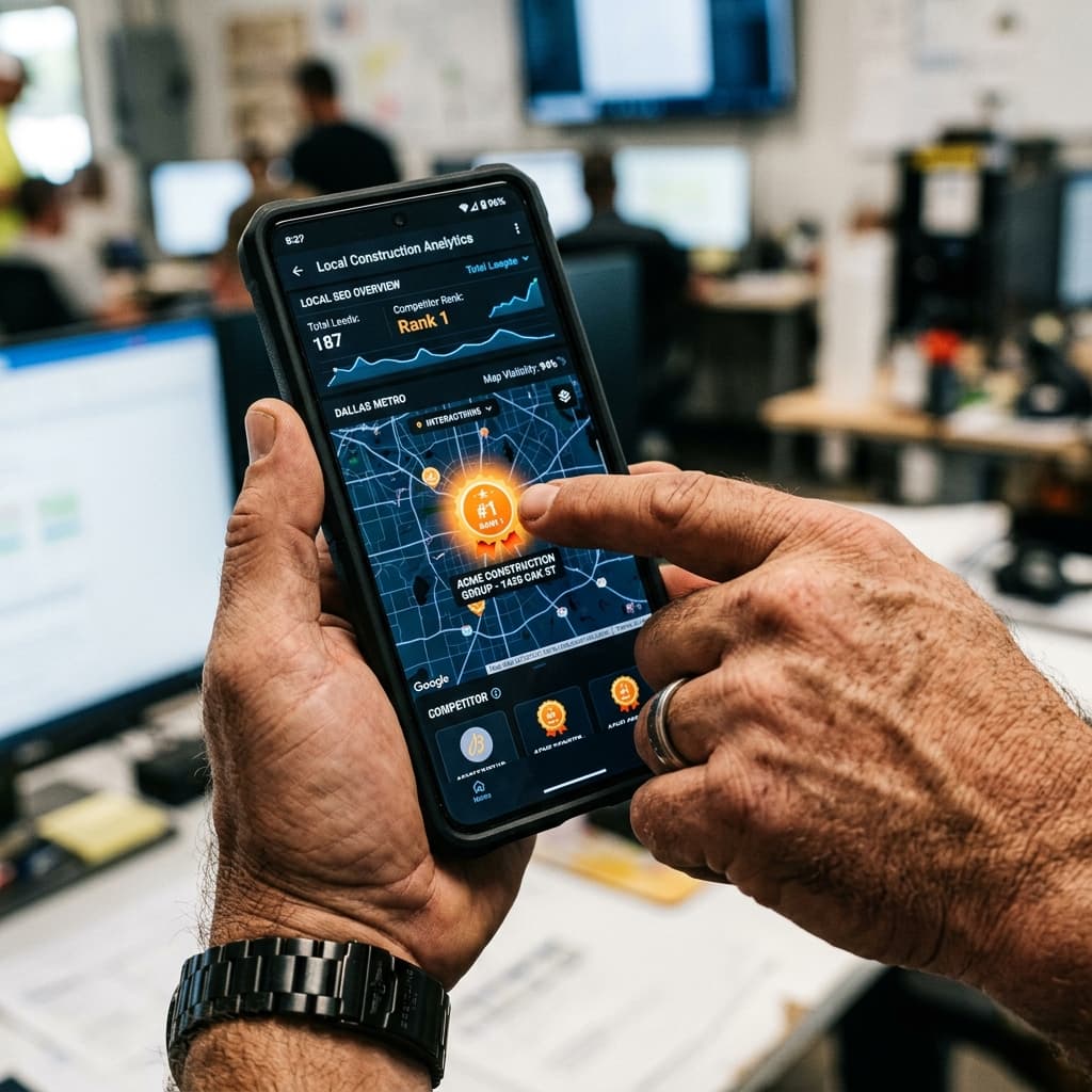 The Rank 1 Objective An aggressive close-up of a masculine hand pointing at a glowing 'Rank 1' local map icon on a luxury smartphone