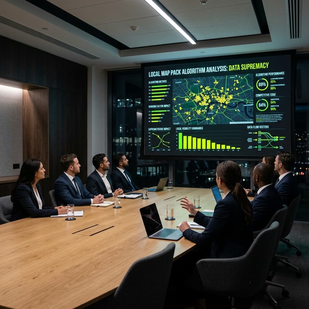The Algorithmic War Room A high-end minimal boardroom with a projector displaying a dark-themed local map pack algorithm analysis in bright yellow and green colors