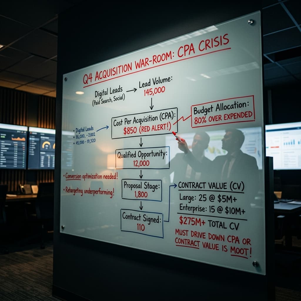 The Mathematical Pipeline A war-room style glass whiteboard covered in ruthless cost-per-acquisition metrics, with sharp red markers detailing the flow from digital lead generation to multimillion-dollar contracts.