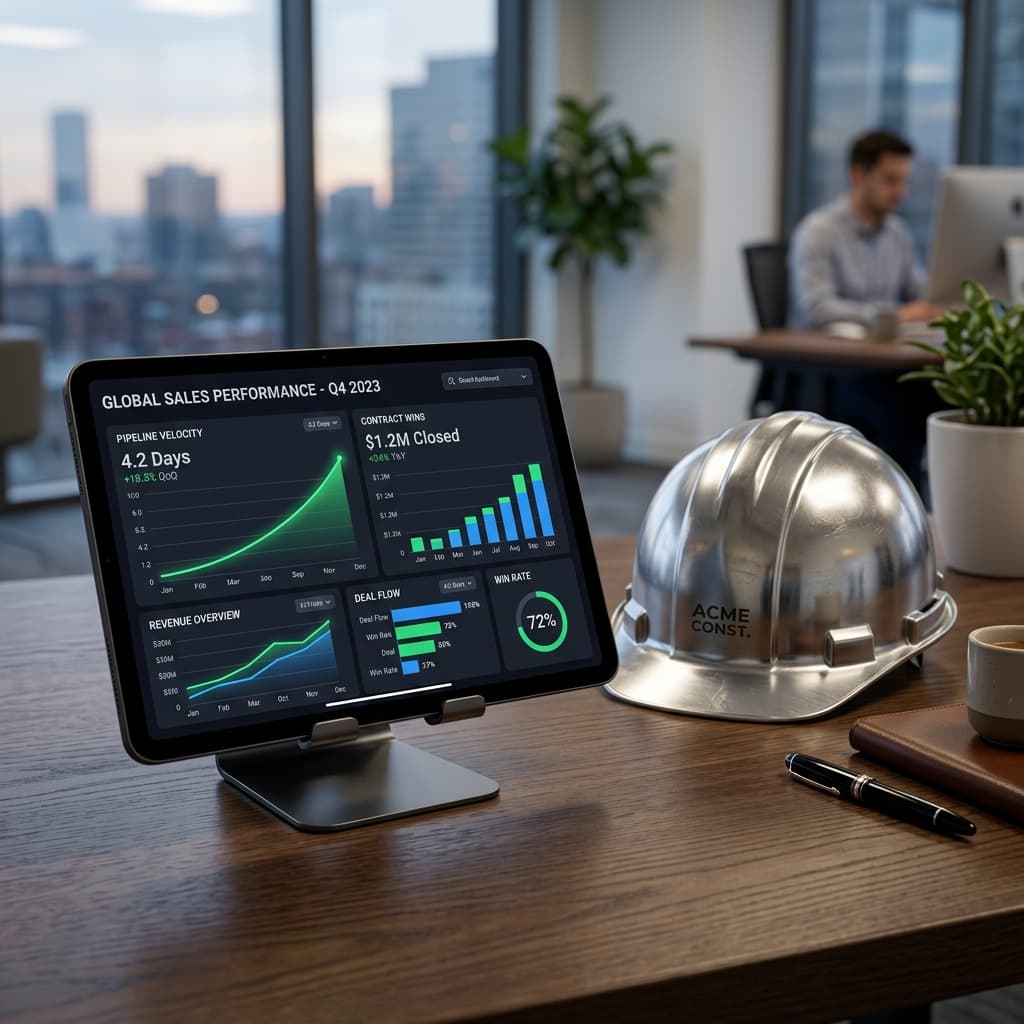 The Autonomous Closing Dashboard A sleek, modern digital tablet displaying a highly analytical dark-mode dashboard showing upward trending pipeline velocity and contract wins.