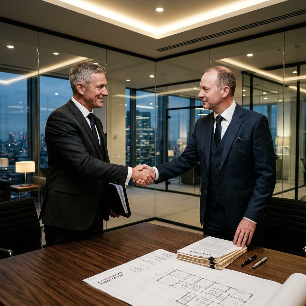 The Final Execution Two high-net-worth commercial executives in sharp, dark tailored suits shaking hands firmly in a very sleek, dimly lit modern office, finalizing a massive construction contract.