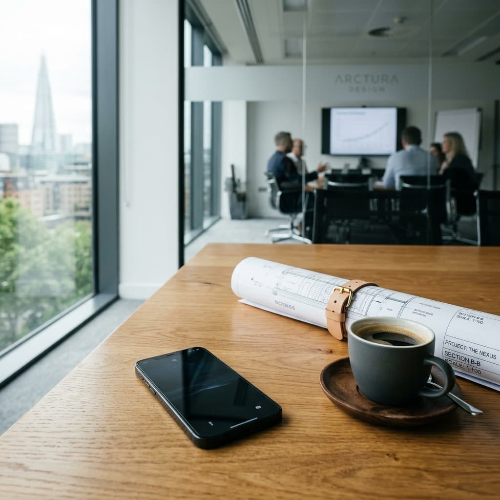 Revisión de Analíticas de Rendimiento Móvil Una reunión de sala de juntas de construcción comercial premium con ejecutivos revisando analíticas móviles en una pantalla grande.