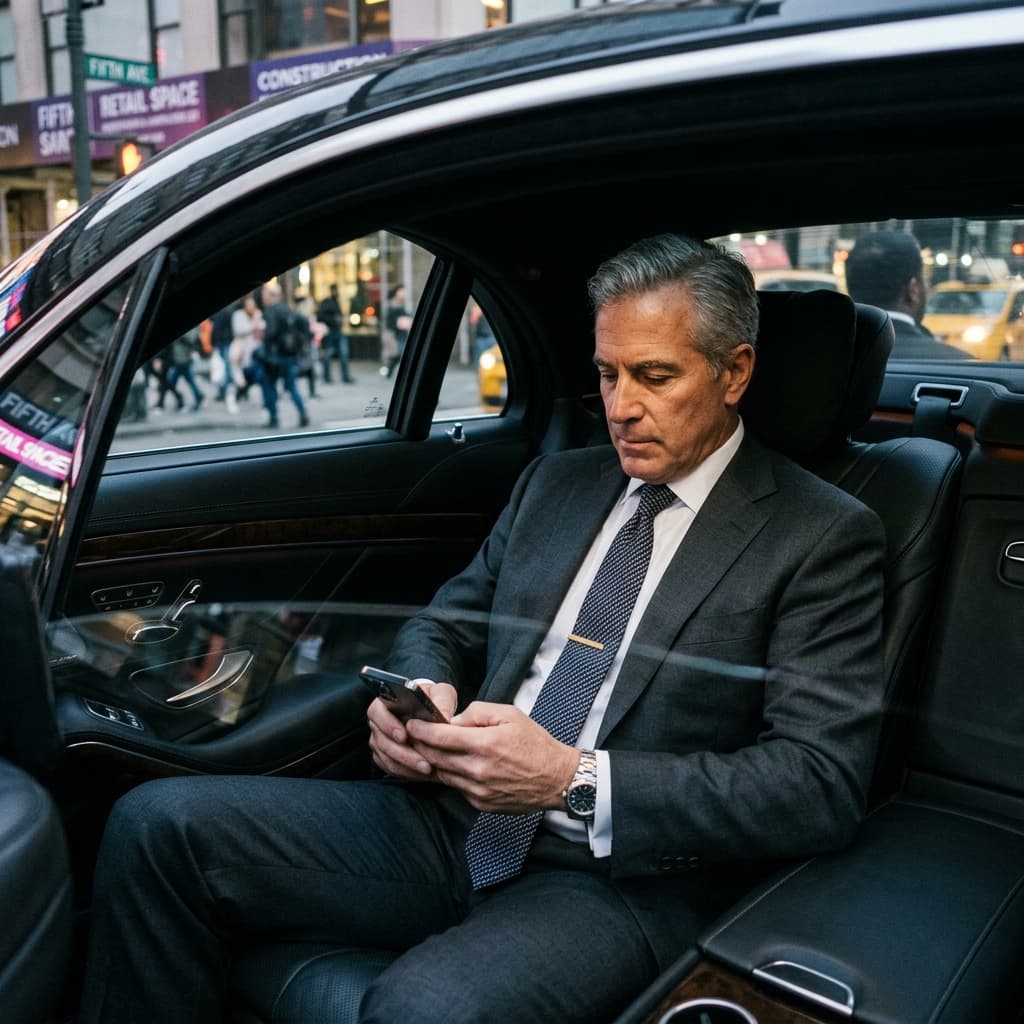 Desarrolladores Élite Revisan Portafolios en Tránsito Un desarrollador comercial adinerado en un auto corporativo de lujo usando un iPhone para revisar el portafolio de una firma constructora.