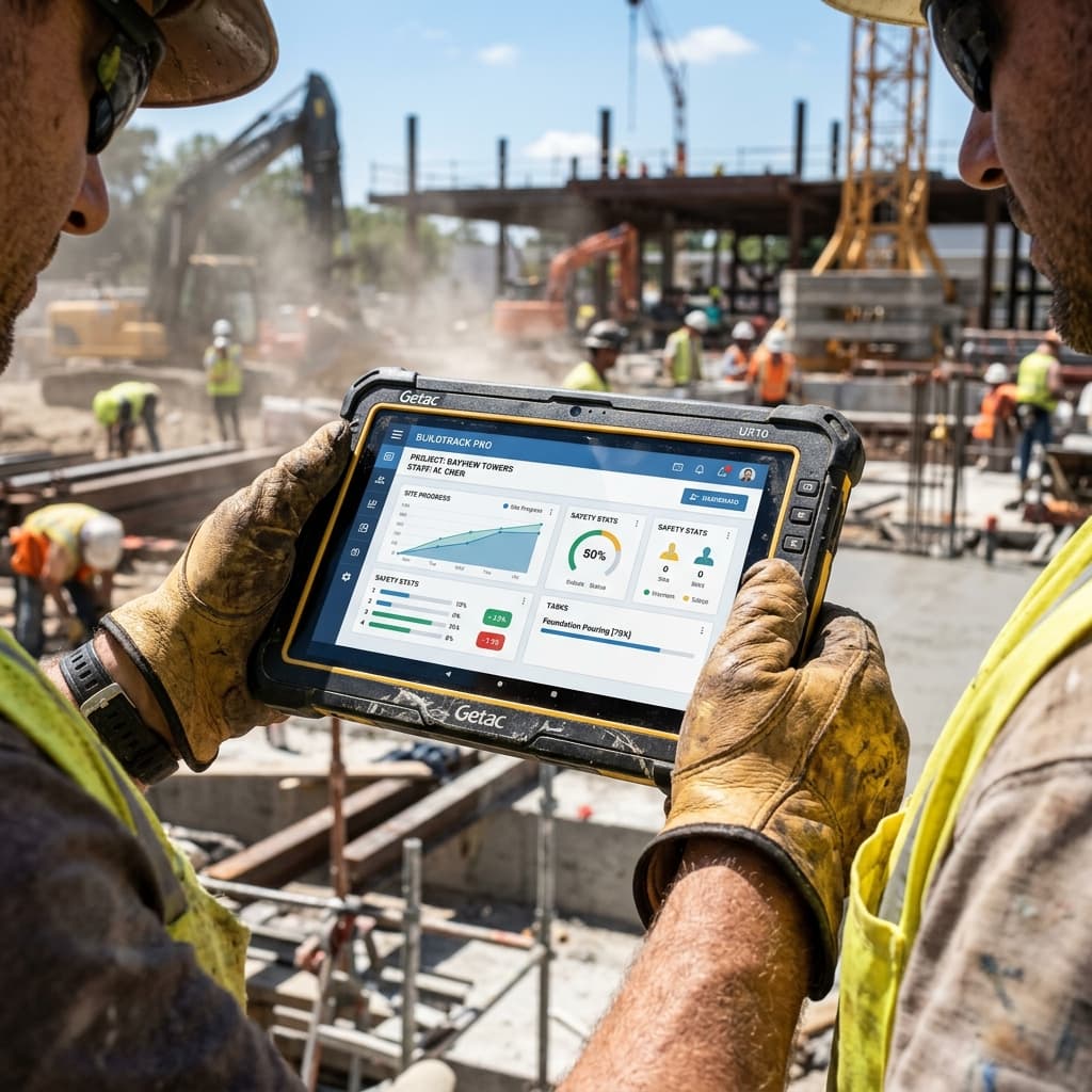 UX Mobile-First en Sitios de Obra Activos Un trabajador de construcción sosteniendo una tablet rugosa mostrando un dashboard digital de proyecto en un sitio de obra comercial activo.