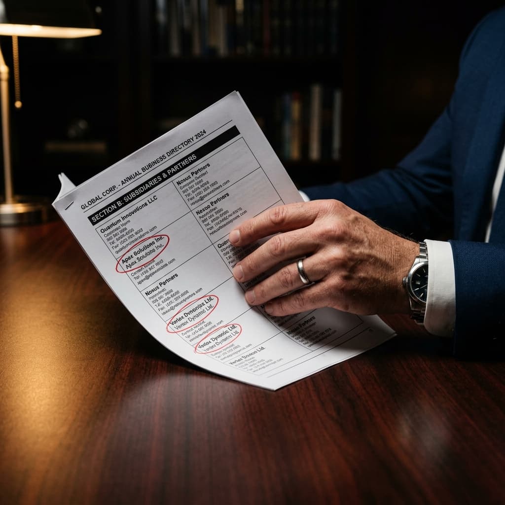 The Inconsistency Audit Report Executive hand holding a printed corporate directory report with red circles around inconsistent business name entries