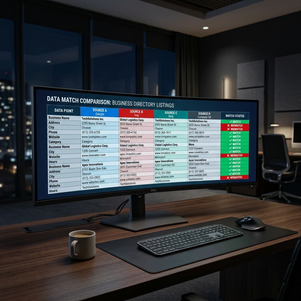 The Consistency Verification Dashboard Ultrawide monitor displaying a grid comparison of business directory listings with green checkmarks and red X marks indicating data matches and mismatches