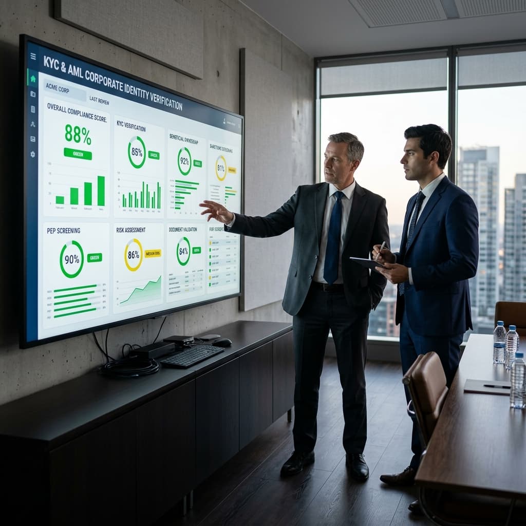 The Identity Compliance War Room Two serious executives reviewing a large wall-mounted screen showing a corporate identity verification dashboard with percentage scores and compliance indicators