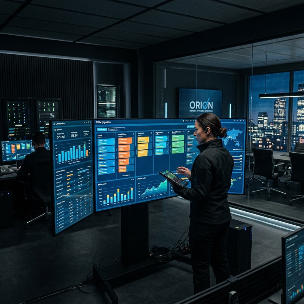 CRM Pipeline Command Center for Construction A sleek modern command center with an elite contractor analyzing a glowing CRM pipeline dashboard on multiple large monitors in a corporate office.