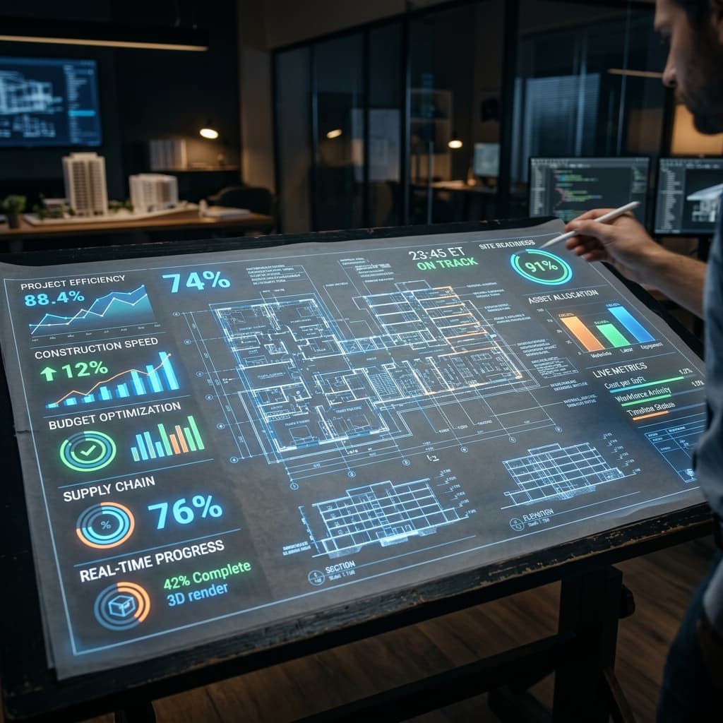 Data-Driven Speed-to-Bid Architecture High-end architectural plans overlaid with illuminated digital metrics and analytics graphs symbolizing speed and data-driven construction bidding.