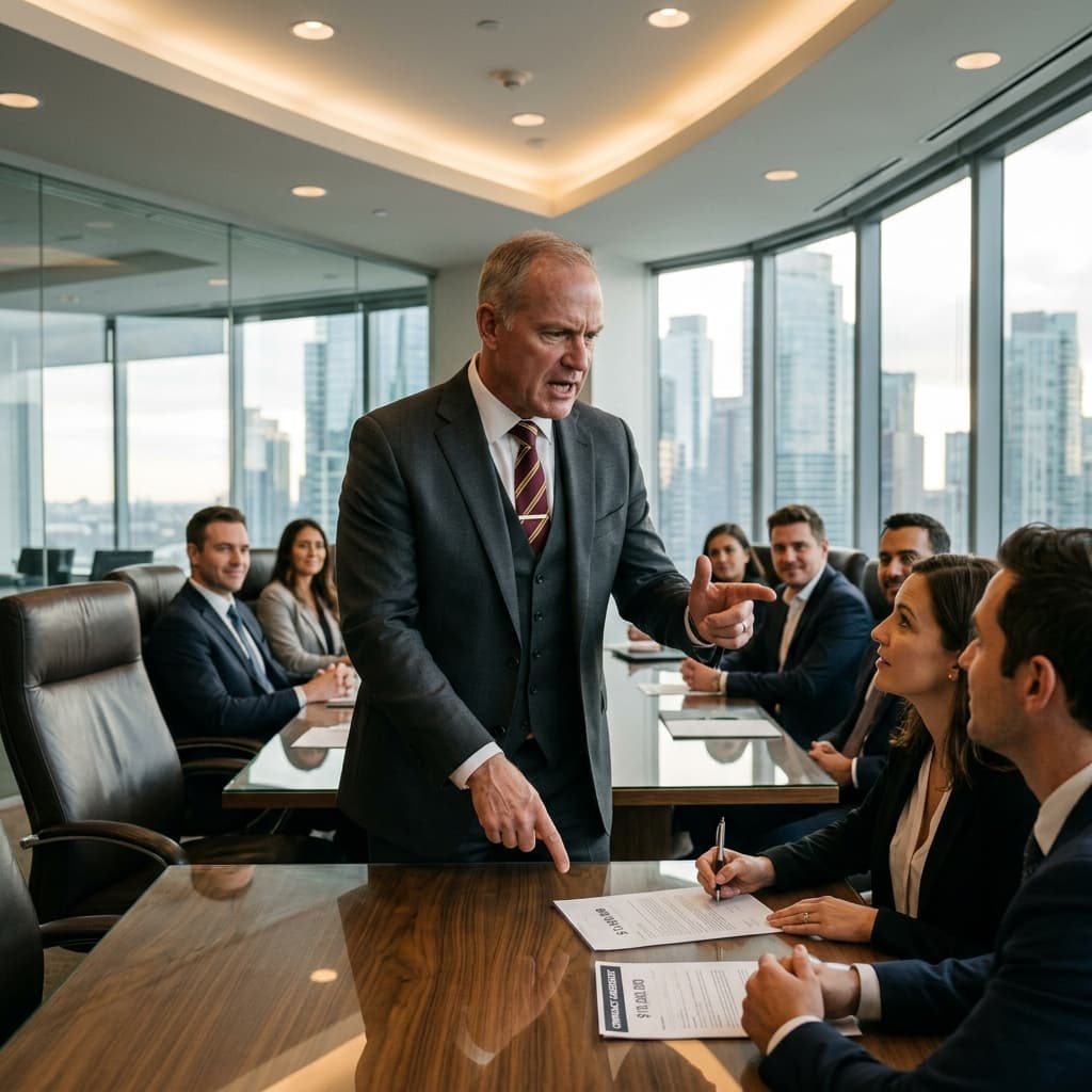 Closing the 30-Day Conversion Window An aggressive confident commercial builder leading a high-stakes boardroom meeting sealing a $10M deal in an ultra-modern corporate office.