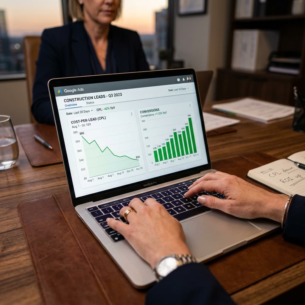 Forensic Analysis of PPC Campaign Performance A construction executive reviewing Google Ads PPC campaign performance metrics on a laptop, showing declining cost-per-lead and rising conversion rates.