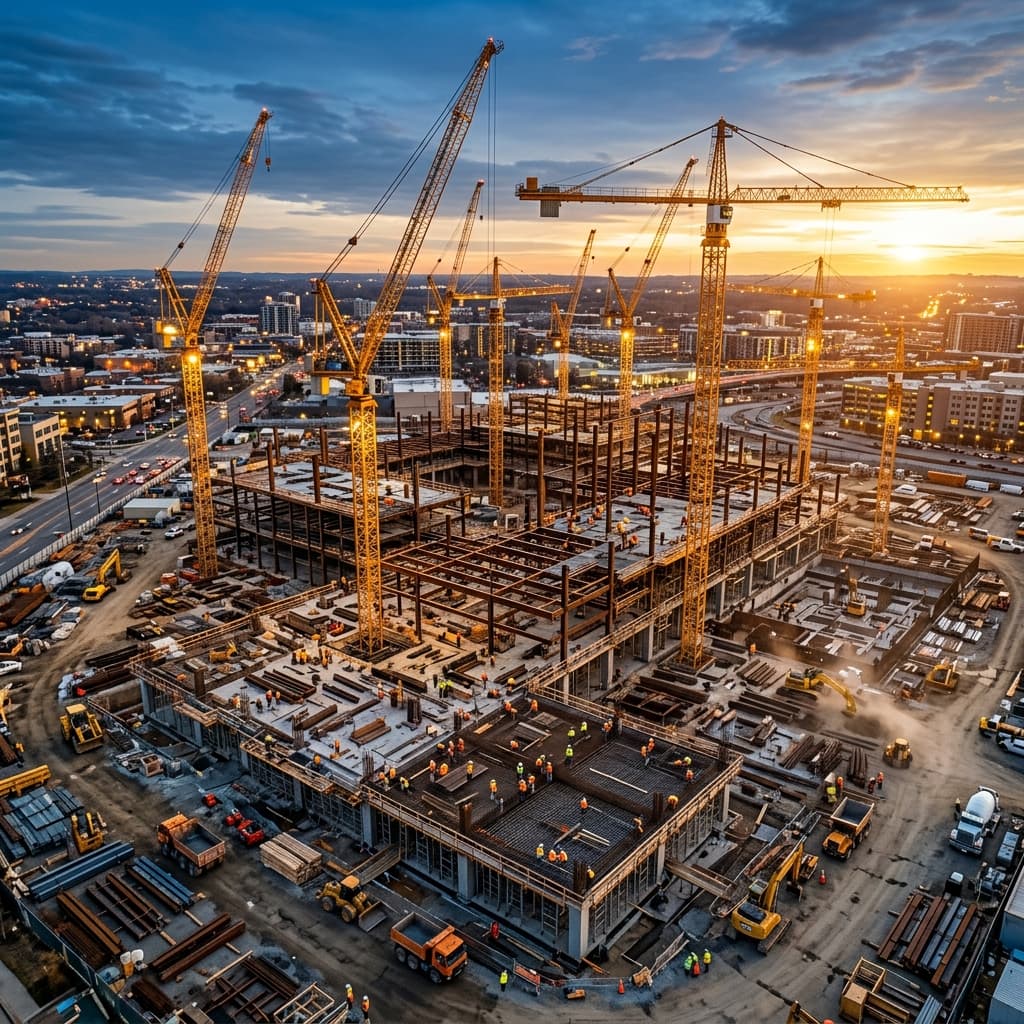 The Scale of Contracts At Stake An aerial golden hour photograph of a massive commercial construction site with cranes and steel framework, representing the high-stakes projects that proper PPC management targets.