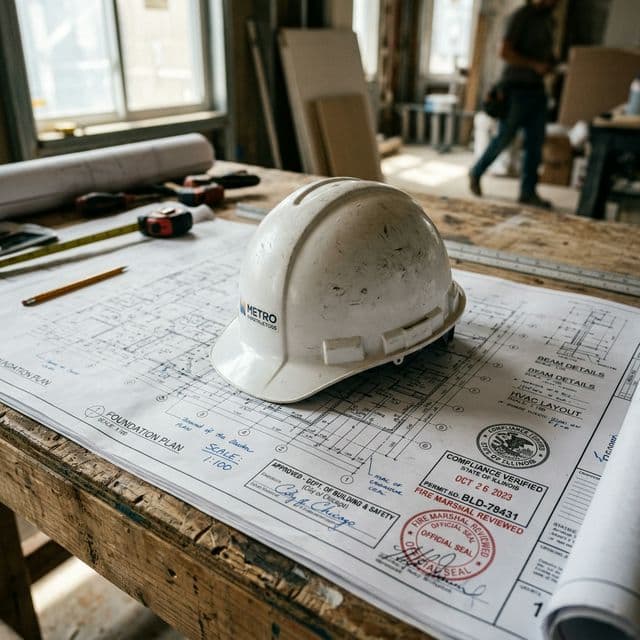 The Burden of Proof: Government Compliance Close-up of a white hardhat resting on complex architectural blueprints with official government compliance seals, hyper-realistic, dramatic lighting