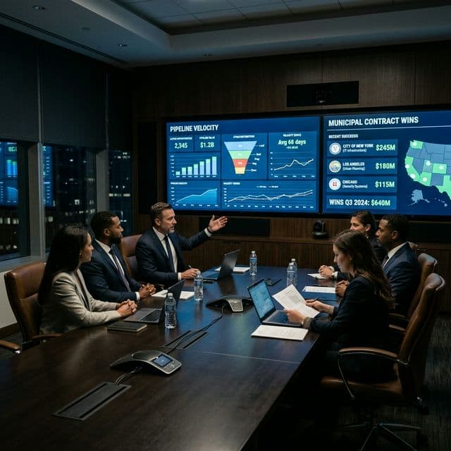 The Analytics of Municipal Pipeline Velocity An executive war room with glowing dashboards showing pipeline velocity and municipal contract wins, dark premium aesthetic, photorealistic.