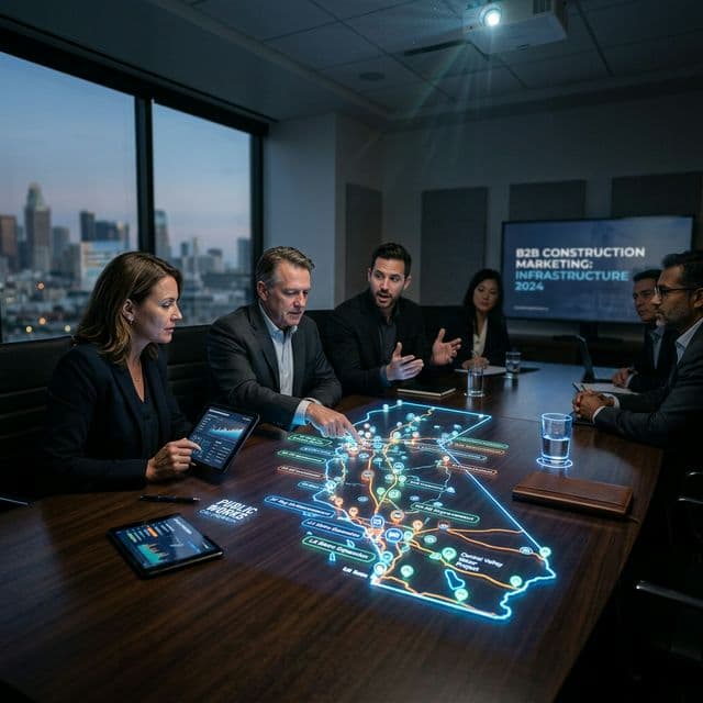 Mapping the Municipal Domain A glowing digital map of California public works projects overlaid on a dark boardroom table, high-tech B2B construction marketing