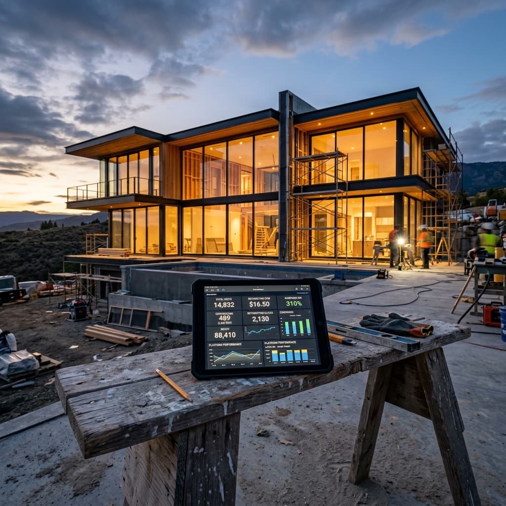 The Invisible Pipeline Powering Custom Builder Growth A luxury custom home under construction at twilight with digital marketing analytics displayed on a tablet device in the foreground, representing retargeting campaigns for custom builders.