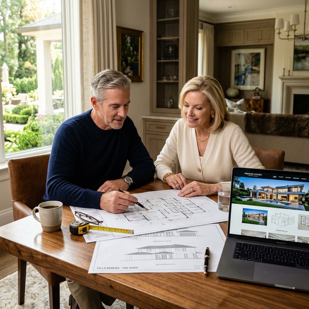 The High-Net-Worth Decision Cycle An affluent couple reviewing luxury home floor plans and architectural blueprints at a polished dining table with a custom builder website visible on a laptop.