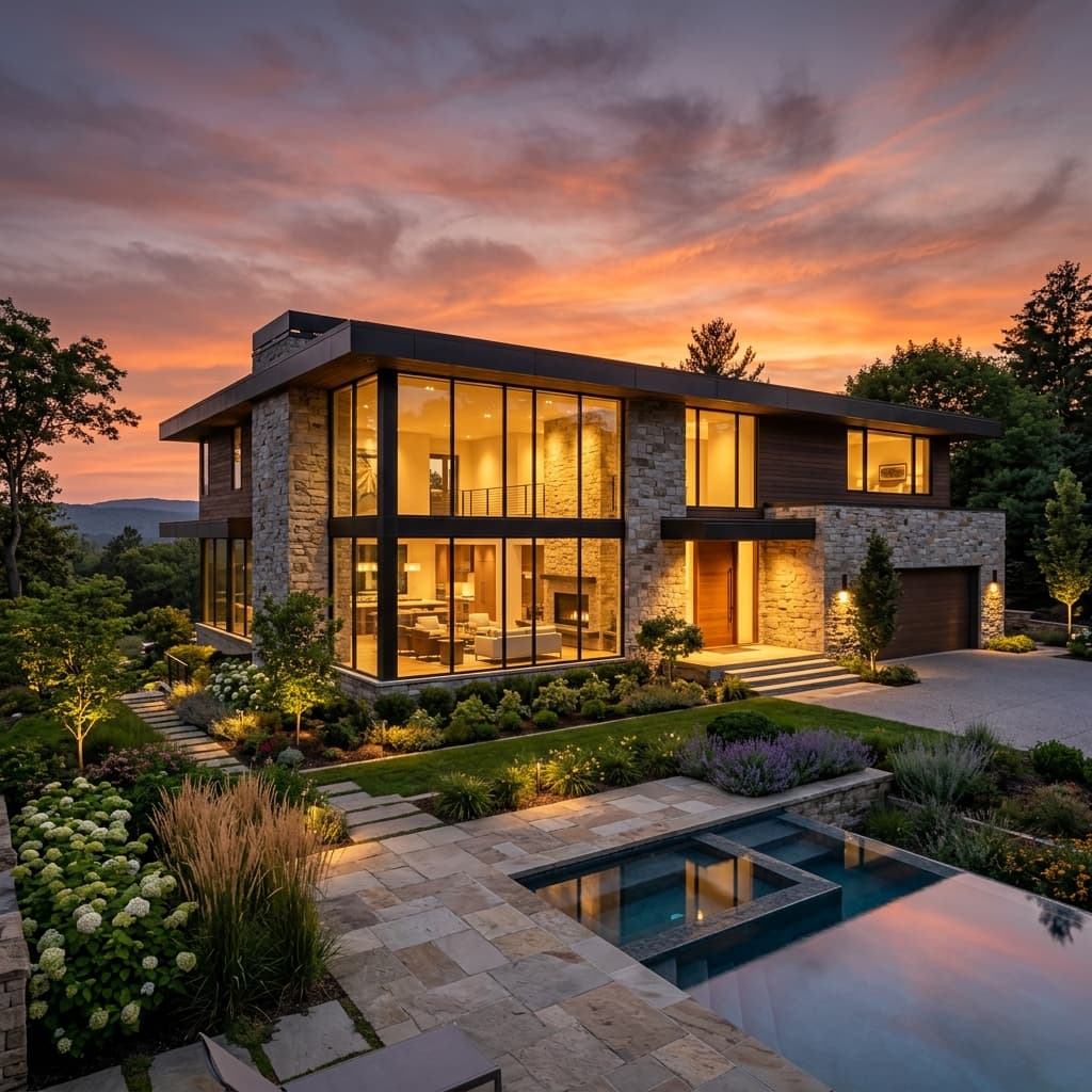 The Craftsmanship That Sells Itself—When Shown Repeatedly A stunning completed luxury custom home with modern architecture at dusk, featuring large glass panels, natural stone, and warm ambient lighting, representing the end product that retargeting campaigns showcase.