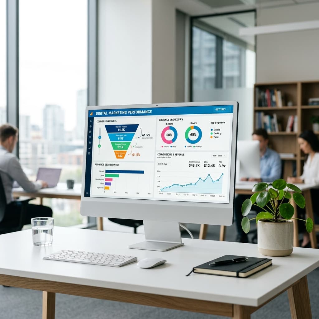 Data-Driven Retargeting Command Center A modern marketing analytics dashboard on an iMac display showing retargeting funnel visualization, audience segmentation, and conversion tracking for custom builder campaigns.