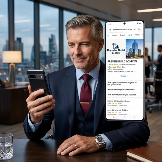 The Tactical Seizure of SERP Real Estate Construction firm dominating search results via rich schema markup snippets on a luxury smartphone