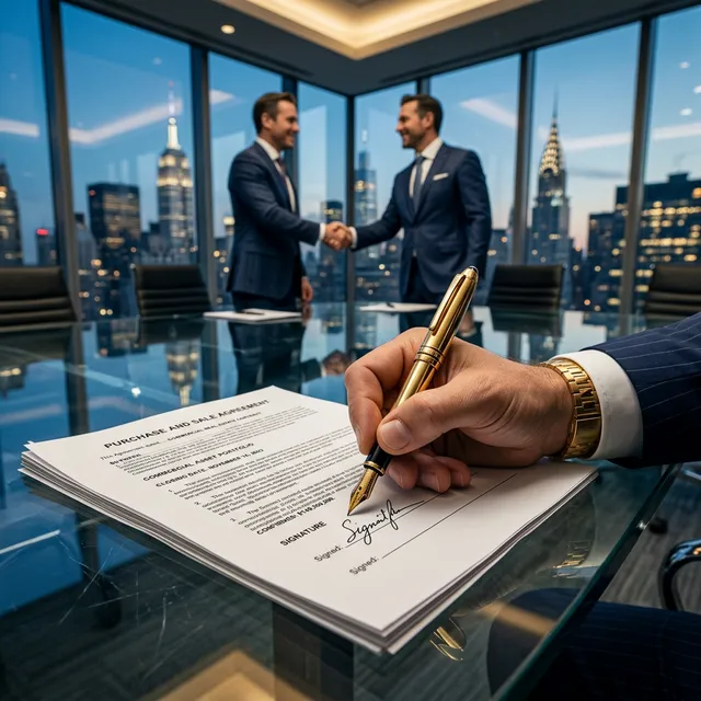 The Monumental ROI Engine of Invisible Code Multi-million dollar contract signed on a glass conference table with two executives shaking hands in blur