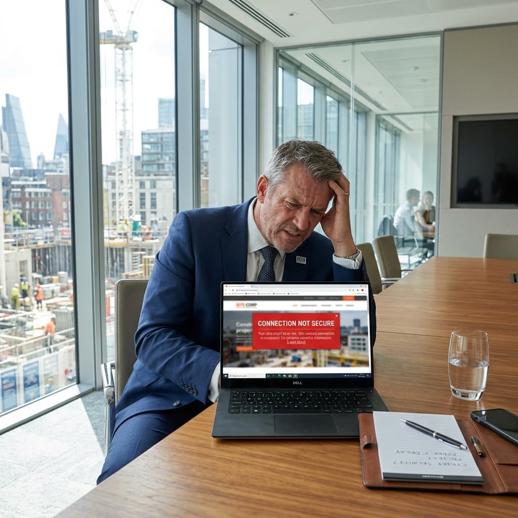 El Costo de una Infraestructura Digital Vulnerable Ejecutivo de construcción frustrado frente a una computadora mostrando un error de conexión no segura.