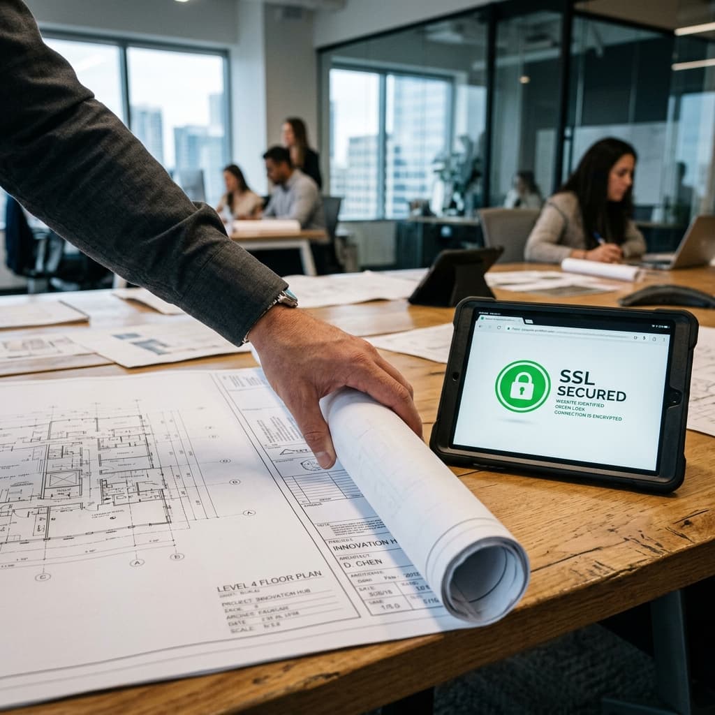 Marcadores Visibles de Confianza en Directorios Mano sacando planos junto a una tablet mostrando candado verde de seguridad.