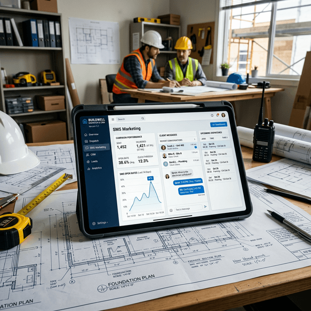 La Arquitectura Táctica del Despacho Automatizado Un panel de CRM brillante que muestra análisis y métricas tácticas de operaciones SMS en una oficina