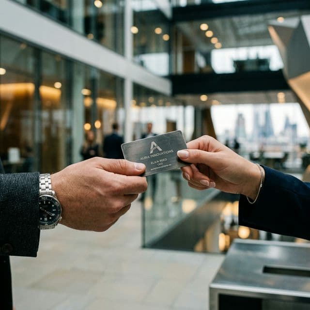 Forget the Pens. Execute the Exchange. A cinematic close-up hand-off of a sleek, heavy metal business card