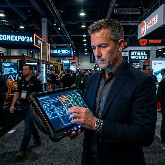 Surgical Data Capture A digital CRM pipeline glowing on a sleek industrial tablet